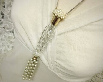 Vintage Long Perfume Bottle Assemblage Necklace With Pearl Tassel by puddinandpeanuts