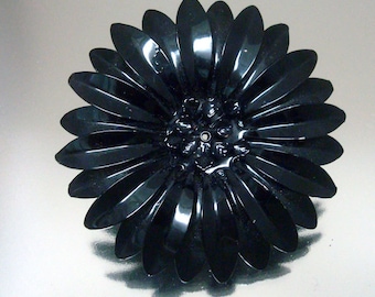 Huge Black Baked Enamel Metal Flower Pin Vintage Jewelry