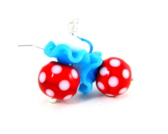 Red White Turquoise Blue Drop Earrings, Polka Dot Dangle Earrings, Ruffle Earrings, Lampwork Glass Earrings, Whimsical Jewelry, Fun Earrings