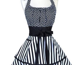 Womens Flirty Chic Retro Apron - Black Stripes and Polka Dot Cute Pinup Kitchen Apron - Black hostess Apron with Pocket - Monogram Option