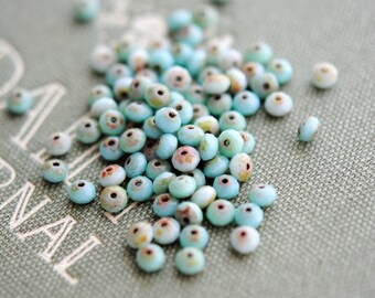 Baby Tears - Premium Czech Glass Beads, Opaque Turquoise, Picasso Finish, Rondelle Mix 5x3mm - Pc 30