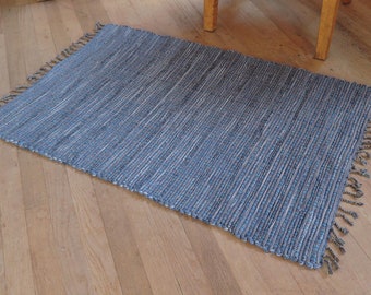 Hand Woven Rag Rug - Blue Cotton 26" x 40"
