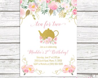 Tea for Two, Tea Party Birthday Invitation, Tea Party Invitation, Pink and Gold Birthday Invitation, Girl First Birthday Party Invitation