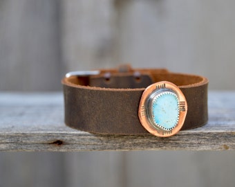 Distressed Leather Kingman Turquoise Bracelet . Handmade. Sterling . Copper . South Western . Bracelet