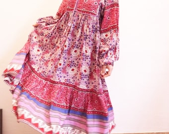 Chaco 70s Gauze dress 70s Vintage Dress Sheer dress Long sleeve Border print Tiered dress Phool Adini Anokhi Ethnic Dress small medium / K1