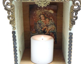 Vintage Mexican Nicho Altar Shrine with Brass Trim,Madonna and Child Santo Cuzco Retablo Painting