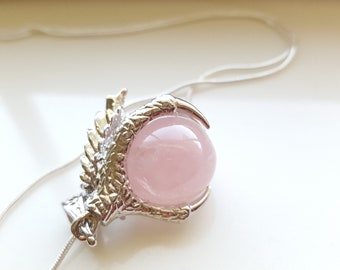 Dragon Claw Pendant- Game of Thrones Necklace- Rose Quartz Necklace- Silver Dragon Necklace- Fantasy Necklace