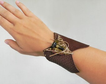 Steampunk leather wrist cuff Brown leather wide bracelet, Steampunk Jewelry Assemblage art jewelry Industrial-Contemporary jewelry Wide cuff