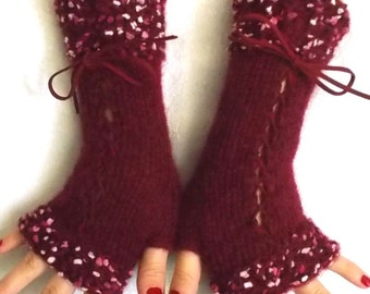 Fingerless Gloves Burgundy Corset Wrist Warmers Hand knitted Women Winter Fashion