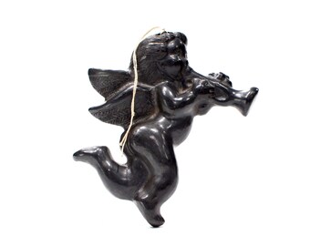 VINTAGE: Oaxaca Black Clay Angel - Hanging Angel - Musical Angel - Barro Negro - SKU 00011516
