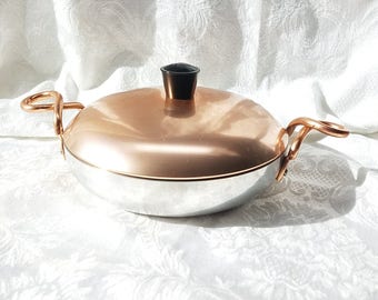 Vintage Hallite Wear Ever Aluminum Lidded Pan 7 Inch Mid Century Copper Annodized Aluminum pan with Twist Handles, Casserole Lidded Cookware