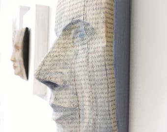 book sculpture wall object carved face relief mask - no bookfolding - made to order
