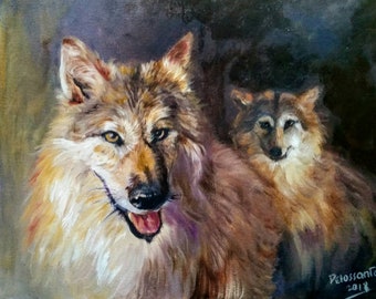 Two himalayan wolves. Oil on canvas 16x20"