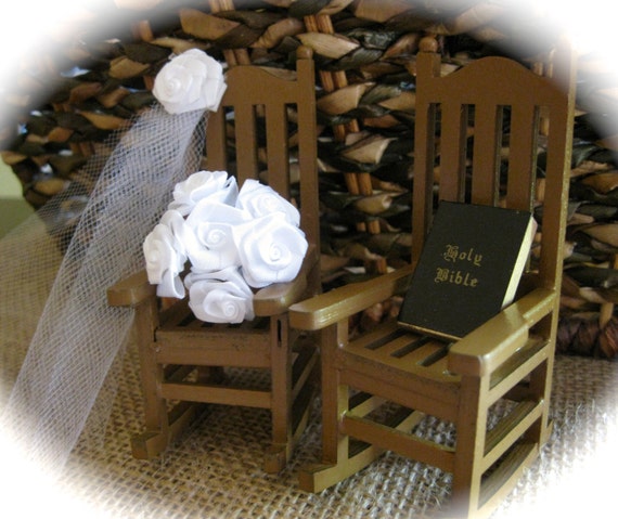 Rustic Miniature Rocking Chairs Cake Topper with Veil, Bouquet and Bible