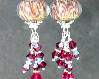 Ruby Red Ivory Beige Glass & Crystal Dangle Earrings, Boho Chic Earrings, Bohemian Jewelry, Boro Lampwork Earrings, Gypsy Jewelry, Tribal