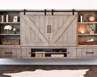 Barn Door Floating TV Stand Entertainment Center - Farmhouse - Driftwood Gray