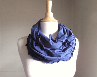 Navy Blue Infinity Scarf cotton jersey circle scarf, chunky cowl scarves ruffle scarf, loop scarf winter accessories nautical accessory
