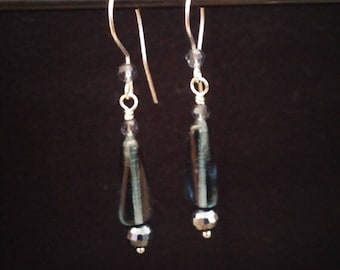 Unique grey-blue glass and crystal earrings