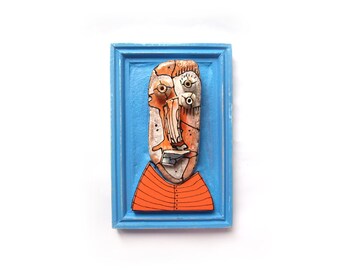 Weird sculpture, Modern ceramics, Abstract face, 3D wall sculpture, Blue sculpture, Orange art face, Crazy art, Ceramic wall art, by 99heads