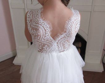White flower girl dress, Lace flower girl dress, Tulle flower girl dress, Toddler flower girl, Wedding, Birthday dress, Rustic wedding