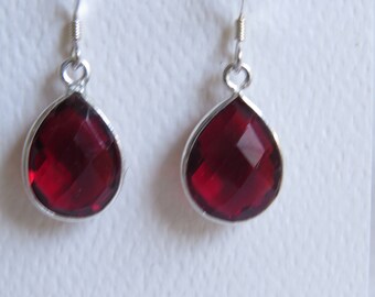 Garnet color quartz tear drop bezeled silver with sterling silver french hook earrings