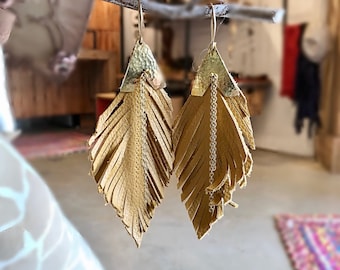 Handmade Artisan feathers genuine leather earrings mustard yellow gold