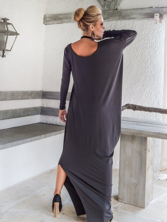 Gray Maxi Long Sleeve Dress / Gray Kaftan / Asymmetric Plus