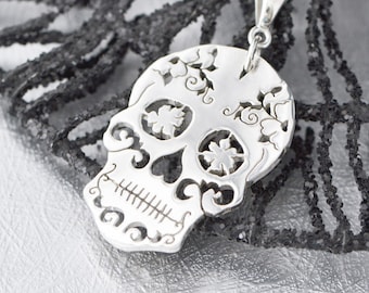 Sterling Silver Sugar Skull Pendant, Sugar Skull Jewelry, Sugar Skull Necklace, Jewelry, Day of the Dead Wedding, Gift For Her