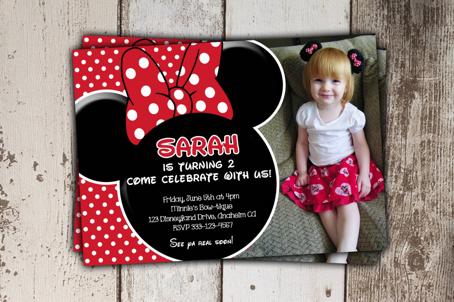 Rojo Minnie Mouse invitaciones con foto otros colores/los