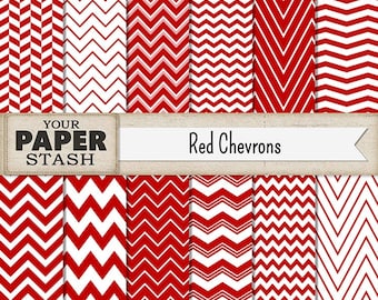 Red Chevron Digital Scrapbook Paper Bckgrounds, Zig Zag Line Paper, Christmas Valentine's Day Digital Paper Pack, Commercial Use, Download