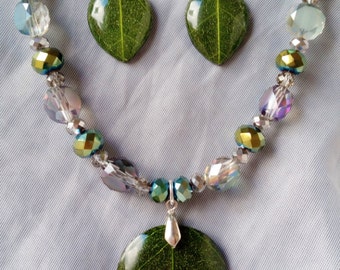 A Touch of Nature Beaded Leaf Jewelry Set Sterling Silver Necklace Earrings