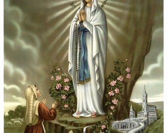 OUR LADY of LOURDES & St. Bernadette Soubirous Grotto Apparition Picture Print 8x10 Catholic Art From Germany