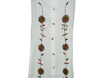 White Floral Embroidered Sleeveless Shift Dress Scoop Neck Strappy Boho Chic Gypsy Rayon Sundress L