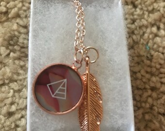 Maskcara Beauty Artist Recycled Tin Necklace Feather Charm Triangle Upcycled
