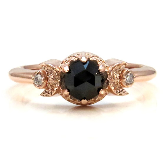 Rose Gold Crescent Moon Ring - Black Diamond or Spinel and White Diamond Engagement Ring