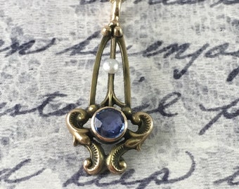 9k Edwardian Sapphire and Seed Pearl Pendant | Antique Stick Pin Conversion Necklace | Antique Necklace | 10k Gold Necklace | 10k Pendant