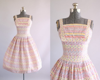 Vintage 1950s Dress / 50s Cotton Dress / Junior House Milwaukee Pink Floral Dress w/ Prong Set Rhinestones S/M