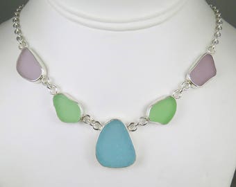 Pastel Sea Glass Bezel Necklace Pendant Aqua Seafoam Green Lavender Maine