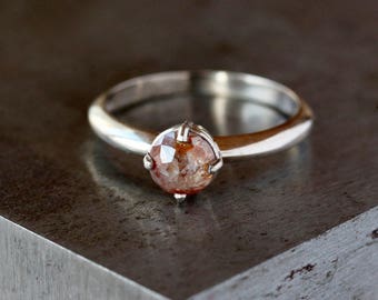 Rose Cut Diamond Ring, 18k Palladium White Gold Engagement Band, Unique Engagement Ring, Prong Set Natural Color Diamond, Conflict Free