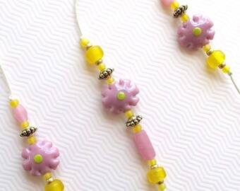 SALE! Beaded Wind Chime. Garden Chime. Pink Glass Daisy Beads. Funky Flowers. Rose. Yellow. Maize. Retro. 1960's. Brass Bell. Antiqued Gold.