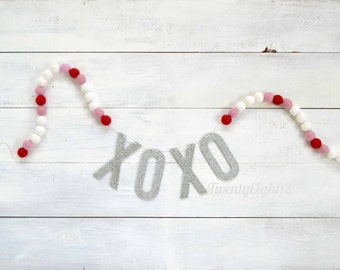 Valentines Decor - XOXO Felt Ball and Letter Garland - Valentines Day Banner, Valentines Garland, Photo Prop, Valentines Felt Ball Garland