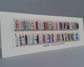 Large 70TH Birthday Candle Card, Can be Personalised with a name, Can be customised to ages 71,72,73,74,75,76,77,78,79.