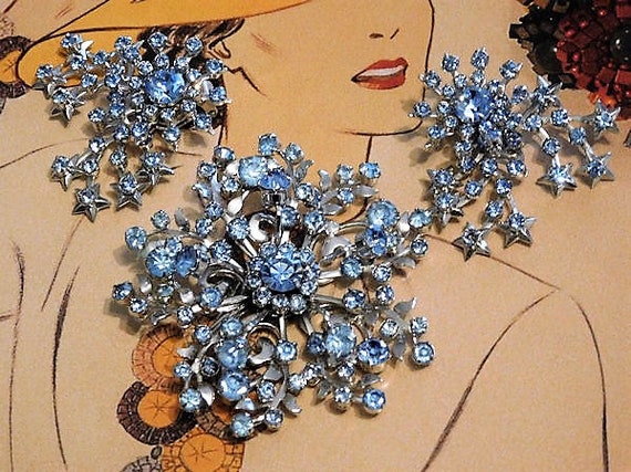 Mid Century / Rhinestone Brooch / Clip On Earrings / Demi Parure Set / WIRTH of California