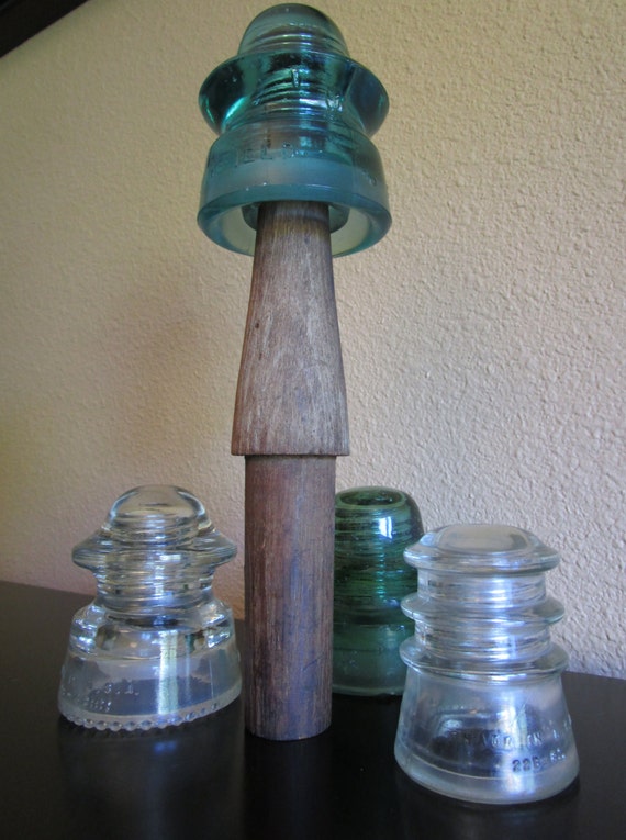 Four 4 Antique Telephone Pole Glass Insulators With Wood 5345