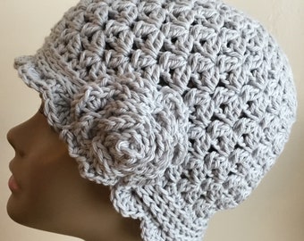 Women’s crochet hat, cloche, summer / spring, COTTON, chemo hat, Light gray, removable flower, Ready to ship. S41