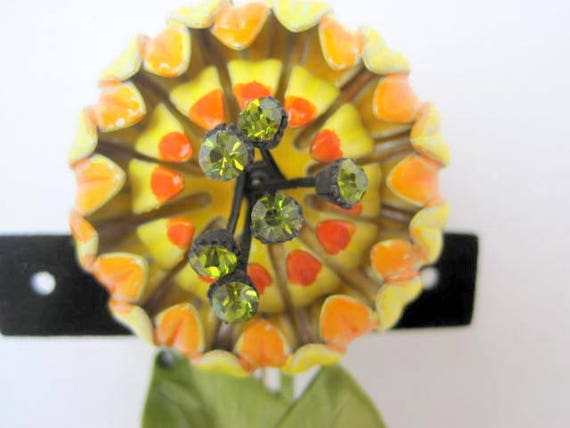 Orange Yellow Flower Brooch, Peridot Rhinestone Center, Collectible Pin
