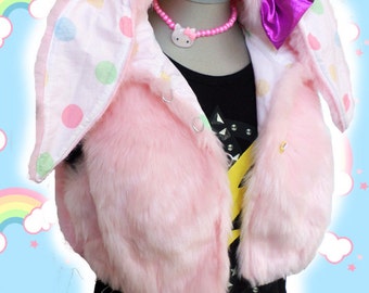 PINK pastel polka dot BUNNY cropped sleeveless furry HOODIE with ears