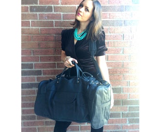 Huge vtg 70s BLACK LEATHER oversized WEEKENDER Bag travel overnight carry on duffle boho hippie luggage