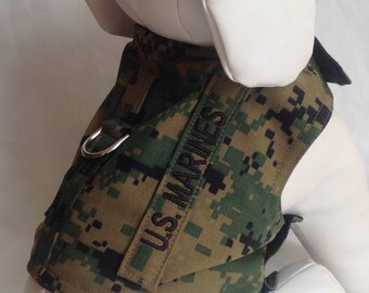 Personalized U.S.Marine Woodland Camo Dog Harness With Your Dogs Name/Service Tab - Size XS, S, M, L, XL