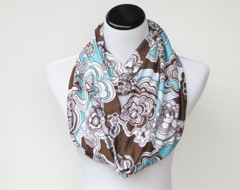 Infinity scarf bohemian soft jersey knit scarf circle scarf loop scarf teal brown flowers snood scarf - boho scarf gift idea for her